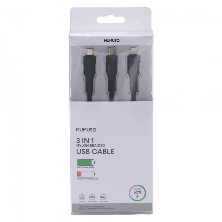 MUMUSO 3-in-1 USB-Ladekabel aus Nylongewebe, schwarz, Fast Charge 66W – universelles USB Kabel für mehrere Geräte.