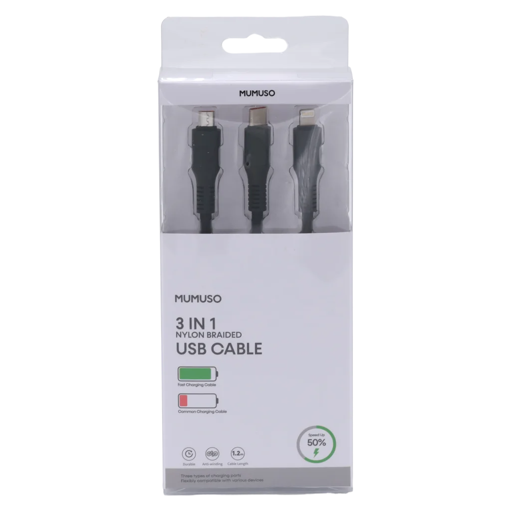MUMUSO 3-in-1 USB-Ladekabel aus Nylongewebe, schwarz, Fast Charge 66W – universelles USB Kabel für mehrere Geräte.
