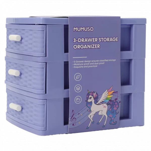 MUMUSO 3-Schubladen-Aufbewahrungsbox aus Kunststoff (Lila) mit Einhorn, idealer Schubladenorganizer für Kinderzimmer.