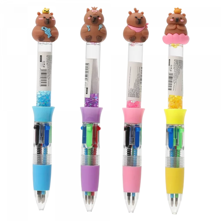 MUMUSO 4-Farben-Kugelschreiber mit Capybara, Quicksand-Effekt und hellblauem Griff – origineller Kugelschreiber für Schule.