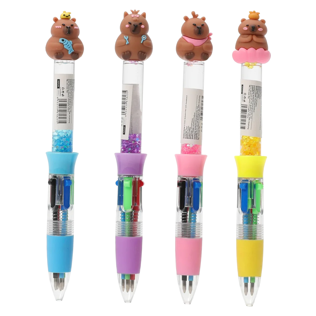MUMUSO 4-Farben-Kugelschreiber mit Capybara, Quicksand-Effekt und hellblauem Griff – origineller Kugelschreiber für Schule.