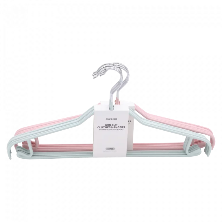 MUMUSO 5er-Pack rutschfeste Kleiderbügel mit Windschutzhaken aus PVC und Stahldraht, ideal für Hemden und Blusen in Rosa.
