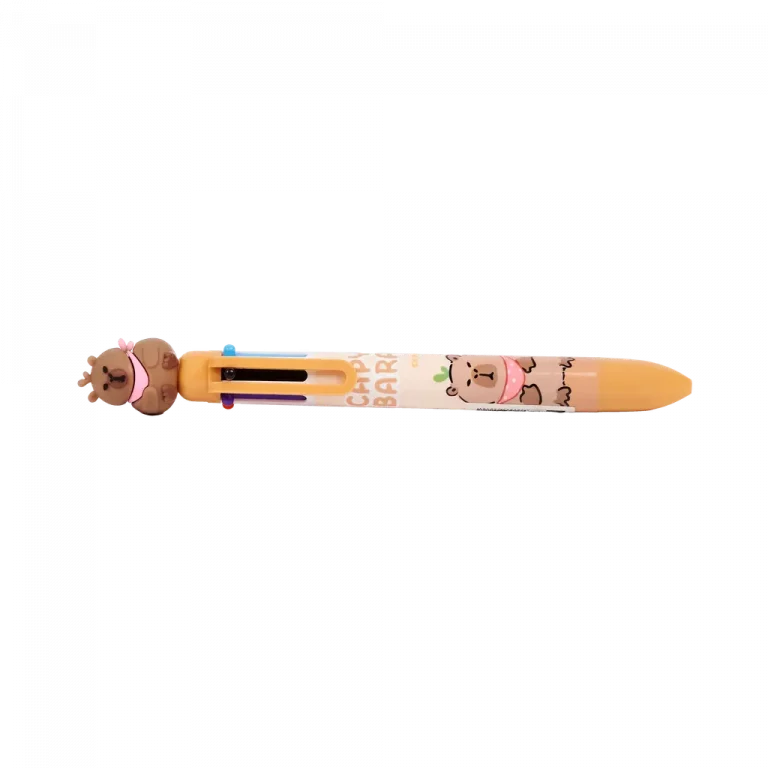 MUMUSO Kugelschreiber mit 6 Farben, gelb, mit Capybara – praktischer Druckkugelschreiber für Kinder und Schule.