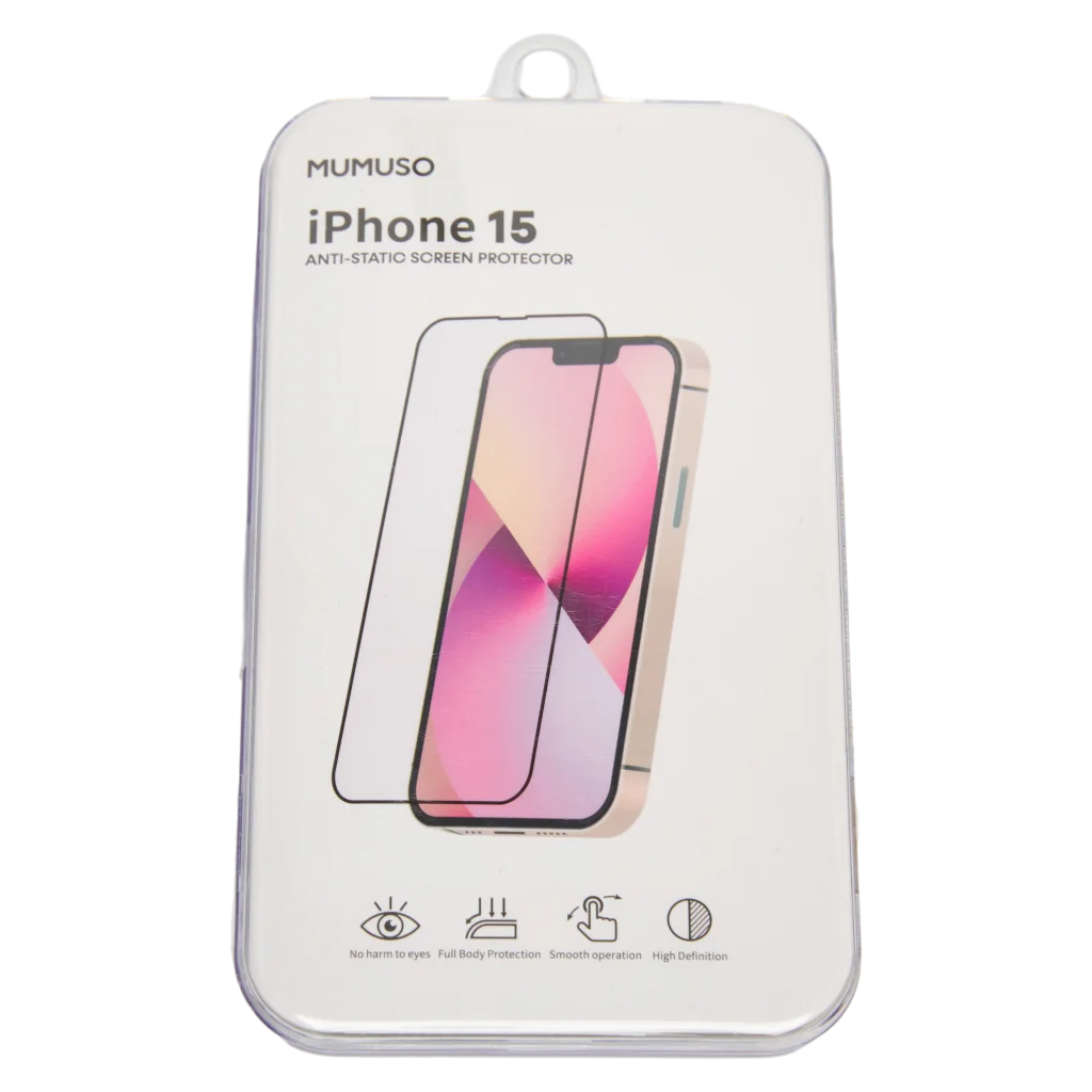 mumuso_anti-statik_displayschutzfolie_temperglas_iphone15_klar.webp MUMUSO Displayschutzfolie iPhone 15 aus Temperglas, klar – zuverlässiger Bildschirmschutz gegen Kratzer.