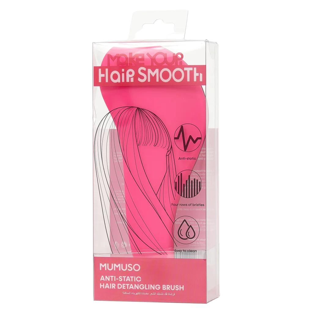 mumuso_antistatische_haarbuerste_abs_tpee_entwirren_rosarot.webp MUMUSO antistatische Haarbürste aus ABS und TPEE, ergonomisch (Rosarot) – Haarkamm für empfindliche Kopfhaut.