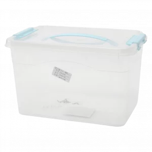 MUMUSO Aufbewahrungsbox Polypropylen, mittelgroß, transparent mit blauem Griff – ideal für die ordentliche Kleidungslagerung.