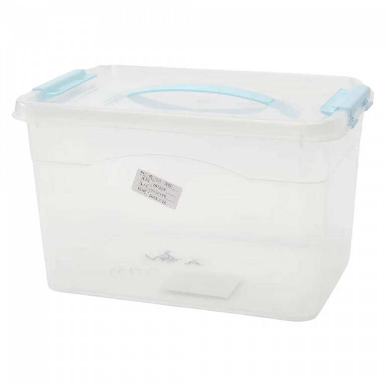 MUMUSO Aufbewahrungsbox Polypropylen, mittelgroß, transparent mit blauem Griff – ideal für die ordentliche Kleidungslagerung.