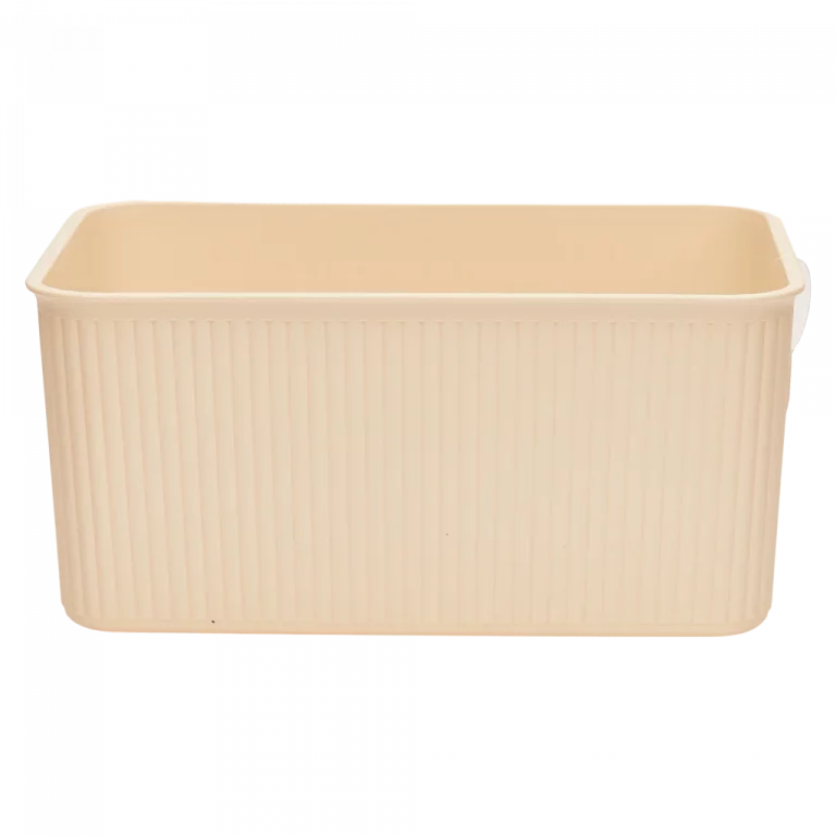 MUMUSO Aufbewahrungskorb in Creme, mittelgroß, aus Kunststoff mit Streifen – praktischer Haushaltskorb für Kleidung.
