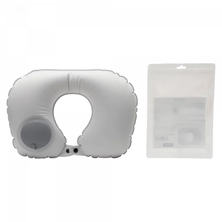 MUMUSO Nackenkissen aufblasbar aus Polyester/TPU (Grau) – ergonomisches U-förmiges Reisekissen für entspannte Reisen.
