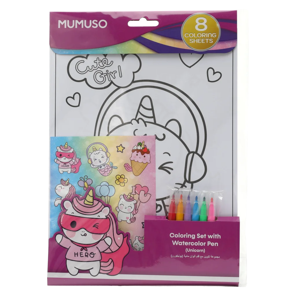 mumuso_ausmalset_wasserfarbenstift_einhorn_8-ausmalblaetter_mehrfarbig.webp MUMUSO Ausmalset mit Wasserfarbenstift und Einhorn, 8 Ausmalblätter (mehrfarbig) – kreatives Malbuch für Kinder.