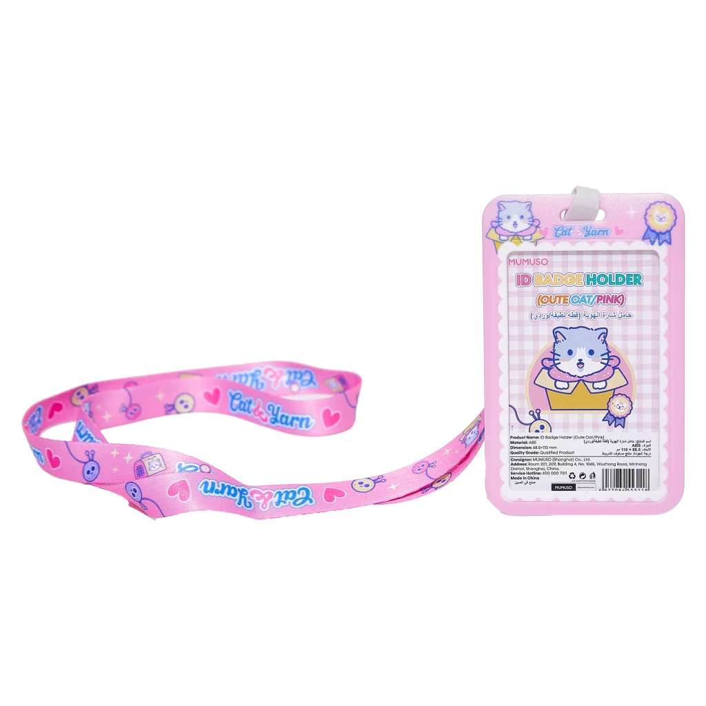 mumuso_ausweishalter_katze_rosa.webp MUMUSO Ausweishalter mit Katzen-Print und Schlüsselband, Ausweishülle in Rosa für Kinder und Erwachsene.