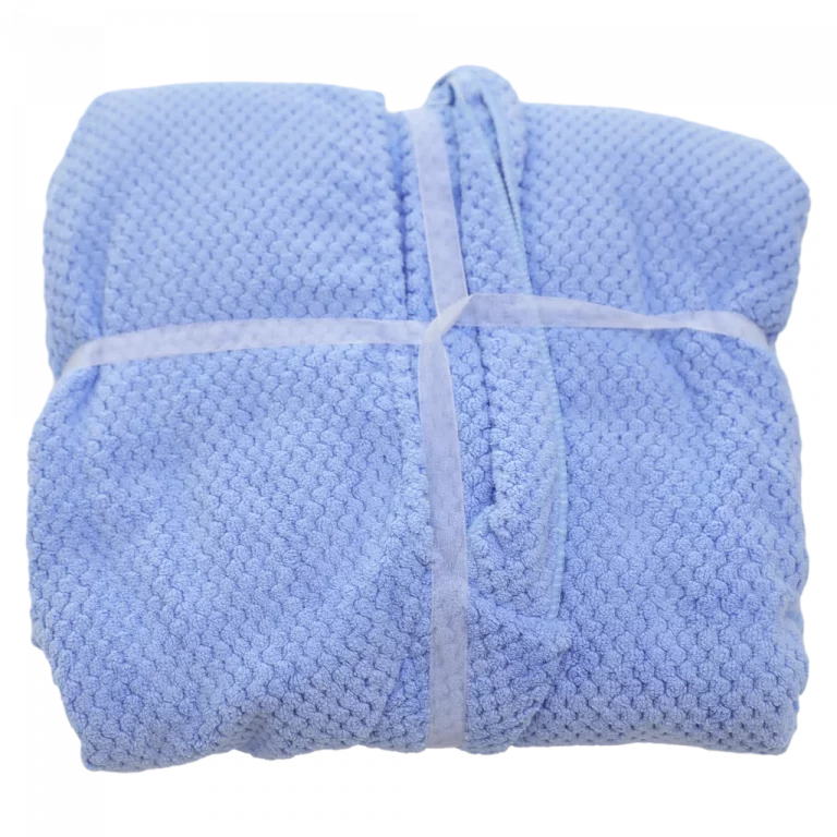 MUMUSO langer Bademantel für Erwachsene aus strukturiertem Polyester-Polyamid in Blau – leichtes Modell mit kurzen Ärmeln.