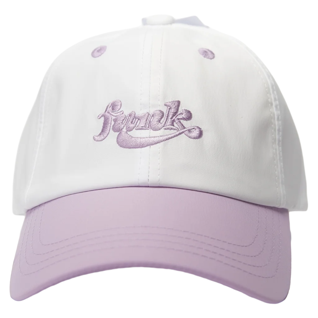 MUMUSO Baseball Cap für Erwachsene aus Polyamid (Weiß/Lila) mit Schriftzug, verstellbar und leicht für Alltag und Freizeit.