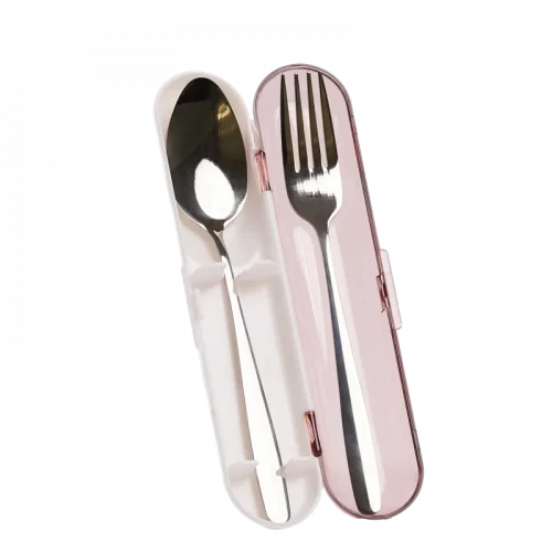 MUMUSO Besteckset aus Edelstahl mit Aufbewahrungsbox in Pink – praktisches 2-teiliges Besteckset für unterwegs.