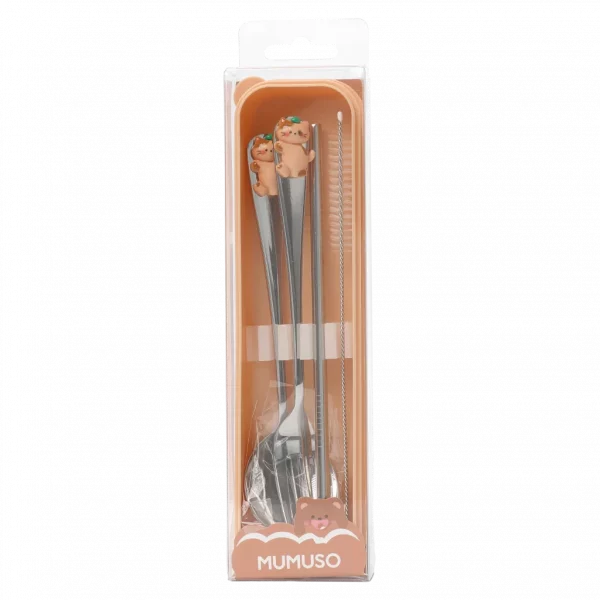 MUMUSO 4-teiliges Besteckset aus Edelstahl mit Katzenfigur und Kunstharzgriff in Aufbewahrungsbox, ideal als Kinderbesteck.