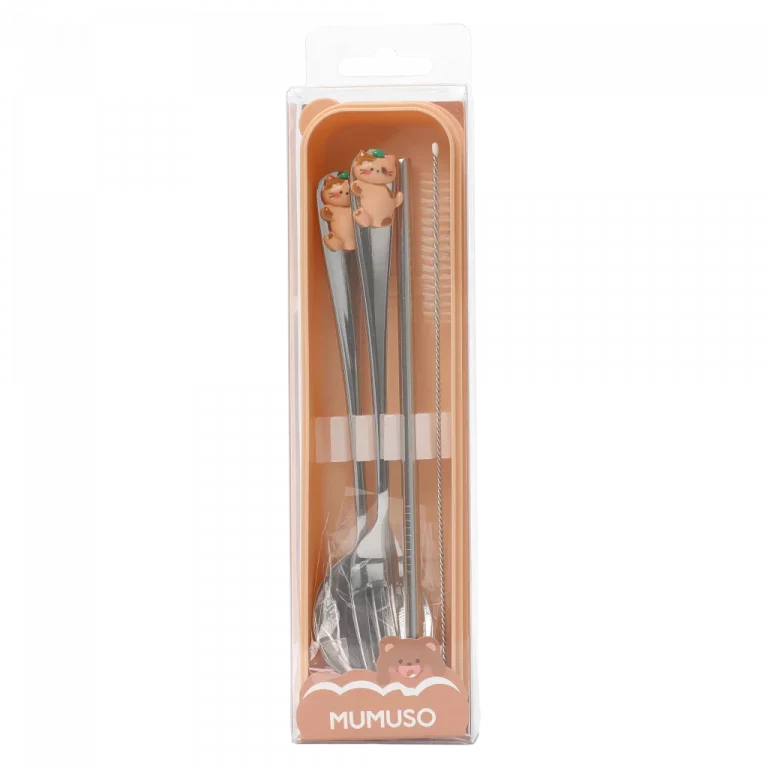 MUMUSO 4-teiliges Besteckset aus Edelstahl mit Katzenfigur und Kunstharzgriff in Aufbewahrungsbox, ideal als Kinderbesteck.