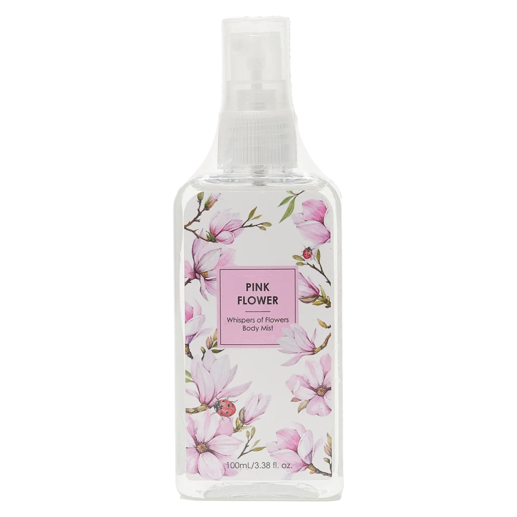 mumuso_body_mist_100ml_rosa_pink_flower.webp MUMUSO Body Mist, 100 ml (Rosa) mit pinkem Blumen-Print – floraler Duft als erfrischendes Parfümspray für Damen.