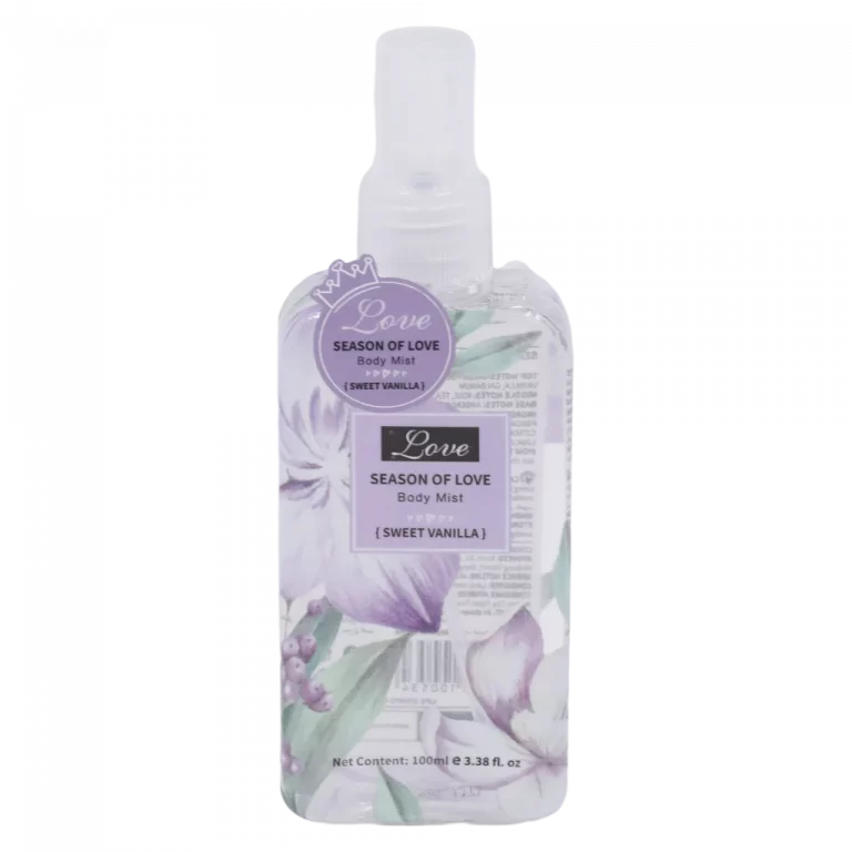 MUMUSO Body Mist Sweet Vanilla, 119,6 ml (Lila) – Körperspray mit Vanilleduft im transparenten Flakon mit Blumenprint.