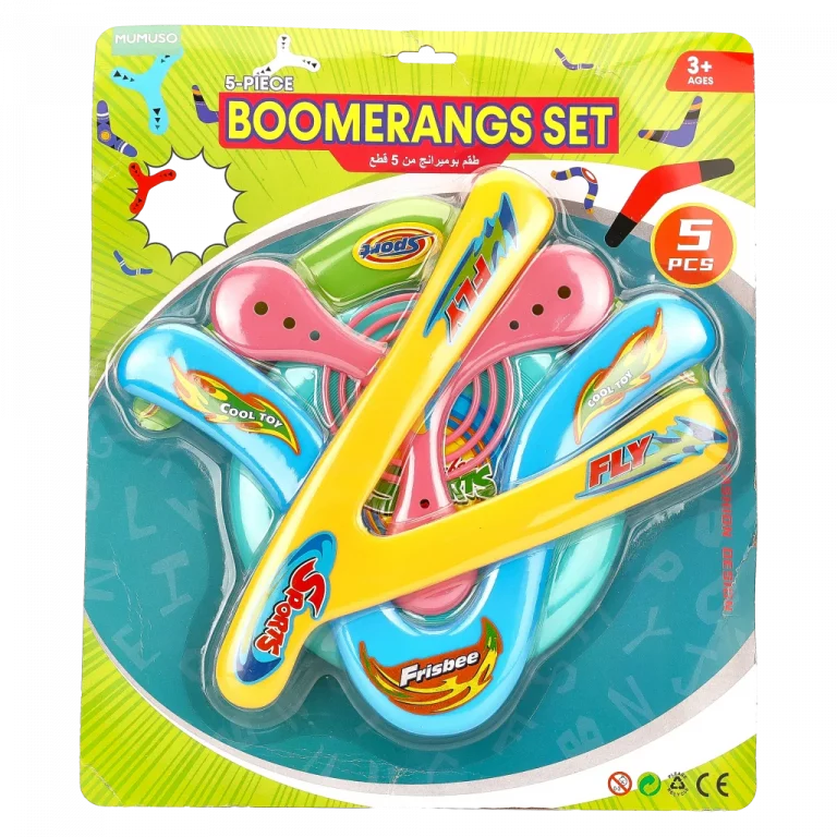 MUMUSO Boomerang Set für Kinder, 5-teilig aus Kunststoff (PP), Outdoor-Spielzeug in Gelb – robustes Wurfspiel für den Garten.