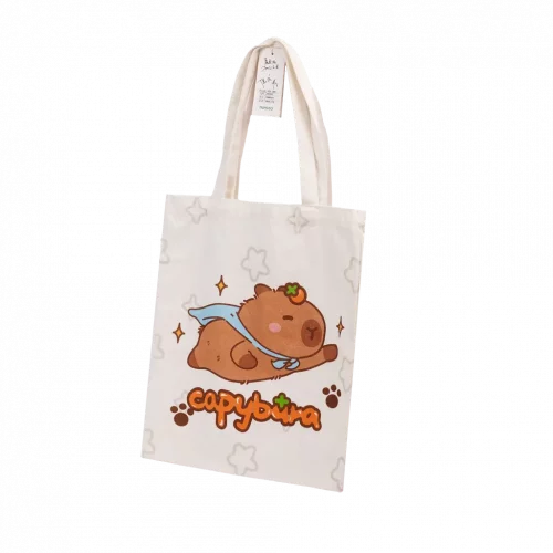 MUMUSO Canvas Tote Bag mit Capybara aus Polyester-Baumwolle (Weiß) – praktische Schultertasche mit Capybara Print.