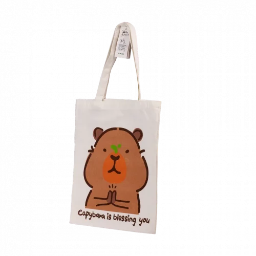 MUMUSO Canvas Tasche aus Polyester-Baumwolle, weiß, mit Capybara – geräumige Umhängetasche für Alltag und Freizeit.