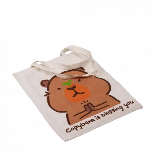 MUMUSO Canvas Tasche aus Polyester-Baumwolle, weiß, mit Capybara – geräumige Umhängetasche für Alltag und Freizeit.