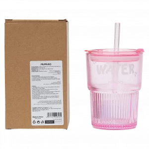 MUMUSO Coffee Tumbler aus Glas mit Deckel und Glasstrohhalm, 450 ml (Rosa) – praktischer Glasbecher für kalte Getränke.