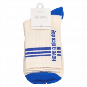 MUMUSO Crew-Socken Damen aus Baumwollmischung (Weiß/Blau) mit Streifen und Schriftzug – bequeme Damensocken.