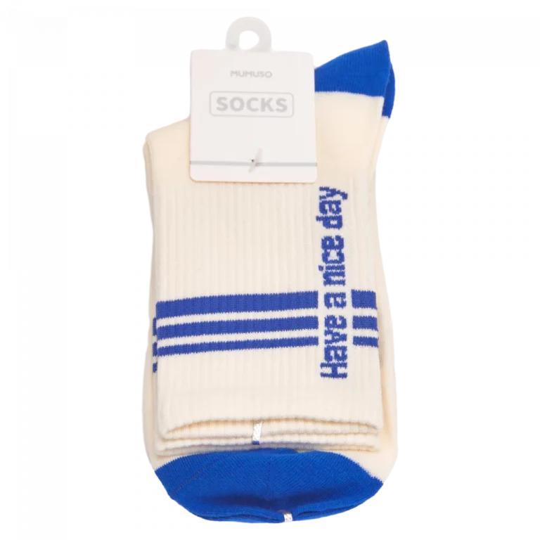 MUMUSO Crew-Socken Damen aus Baumwollmischung (Weiß/Blau) mit Streifen und Schriftzug – bequeme Damensocken.
