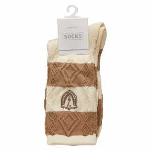 MUMUSO Crew Socken für Damen aus Baumwollmix im Preppy-Stil, gestreift in Beige/Braun – bequeme Alltagssocken.