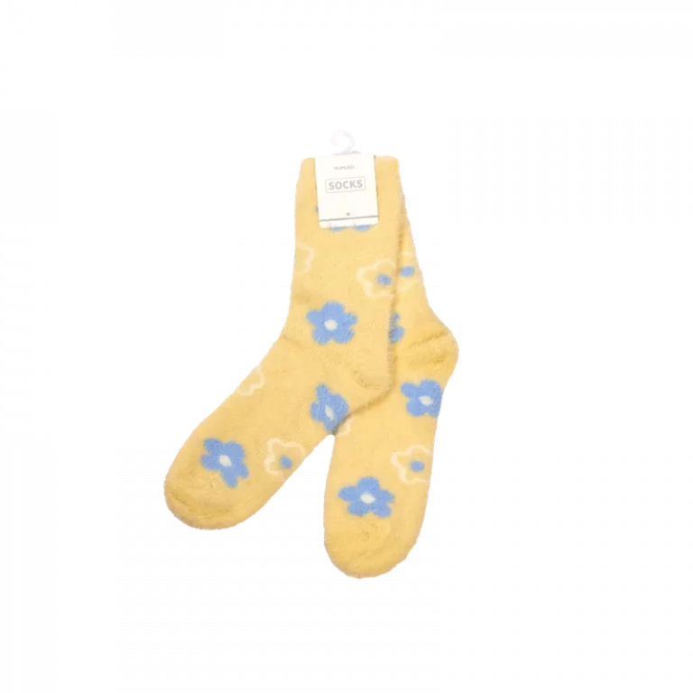 MUMUSO Crew Socken für Damen in Gelb mit Blumen-Print – bequeme Crew Socken Damen mit blauen Blumen für Alltag und Freizeit.