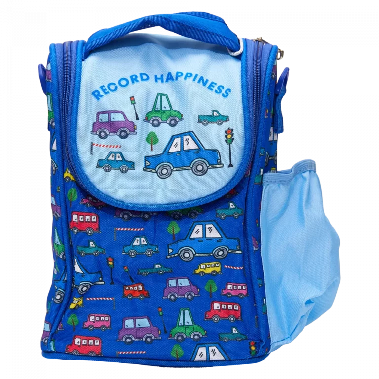 MUMUSO Lunch Bag für Kinder aus Polyester-Baumwolle, blau mit Cartoon-Fahrzeugen – ideale Brotzeittasche für unterwegs.