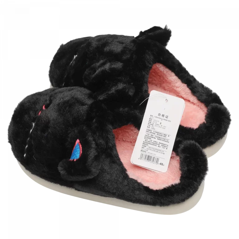 MUMUSO Hausschuhe Damen aus Plüsch, schwarz, mit Katzenfigur, Größe 38-39 – Winterhausschuhe für Zuhause.
