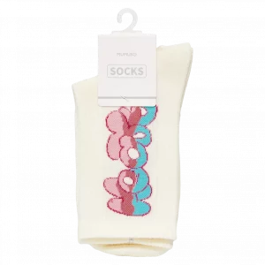 MUMUSO Damen Mini Crew-Socken aus Baumwolle mit 3D-Lettering, creme – bequeme Crew-Socken Damen für den Alltag.