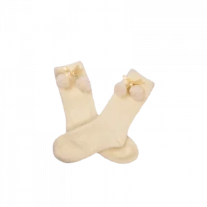 MUMUSO Damensocken mit Schleife und Pompons (Weiß) – weiche Kuschelsocken, ideal für warme Füße im Winter.