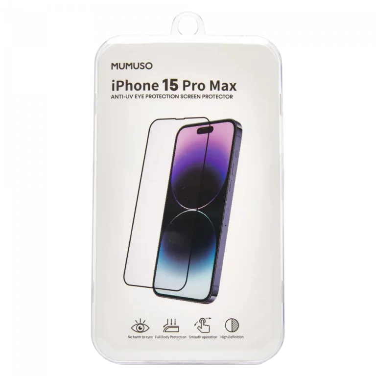 MUMUSO Displayschutzfolie aus gehärtetem Glas für iPhone 15 Pro Max, klar – zuverlässiger Displayschutz mit UV-Schutzfunktion.