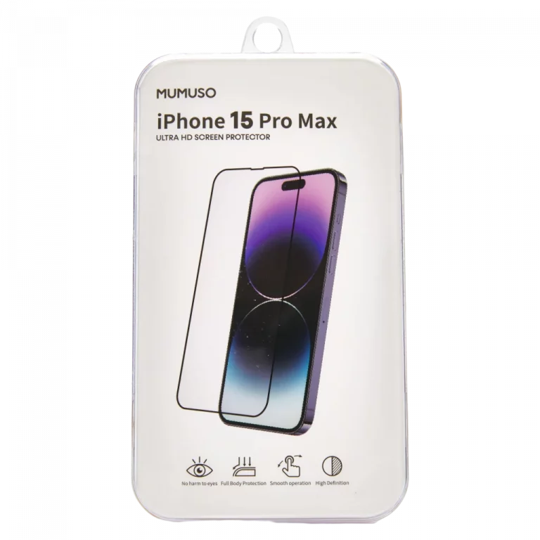 MUMUSO Displayschutzfolie aus gehärtetem Glas für iPhone 15 Pro Max, transparent – perfekter Displayschutz für empfindliche Displays.