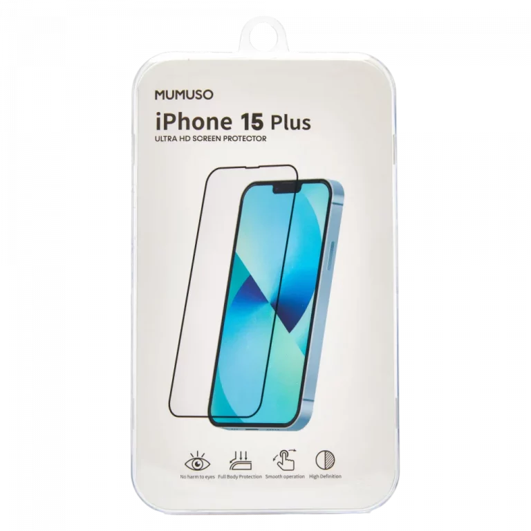 MUMUSO Displayschutzfolie aus gehärtetem Glas für iPhone 15 Plus – transparenter Tempered Glass Displayschutz.