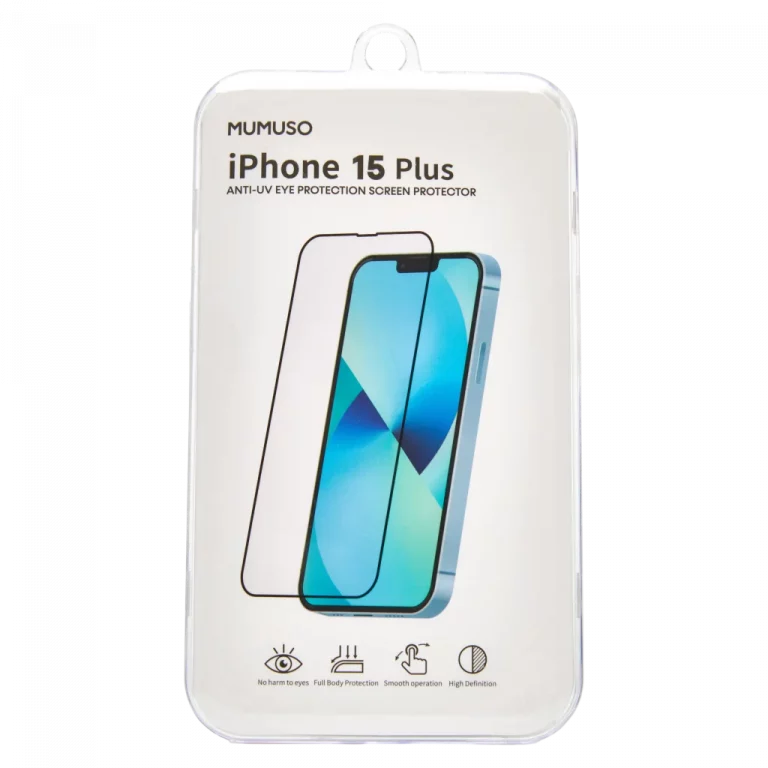 MUMUSO Displayschutzfolie aus gewalztem Glas für iPhone 15 Plus, transparent – Anti-UV Schutzfolie für Smartphones.