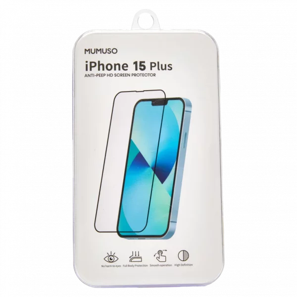 MUMUSO Displayschutzfolie aus Glas für iPhone 15 Plus, transparent, bietet Anti-Peep Sichtschutz und HD Bildschirmschutz.