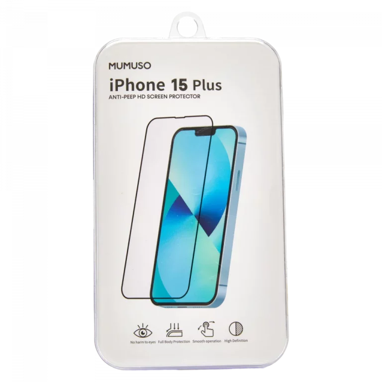 MUMUSO Displayschutzfolie aus Glas für iPhone 15 Plus, transparent, bietet Anti-Peep Sichtschutz und HD Bildschirmschutz.