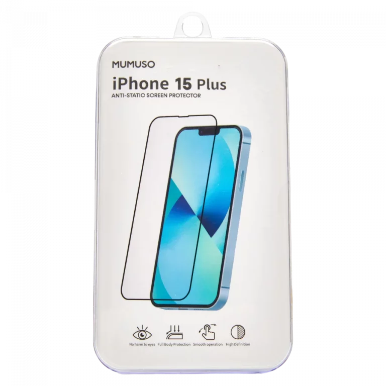MUMUSO Displayschutzfolie aus Panzerglas für iPhone 15 Plus, transparent – hochwertiges Schutzglas für Smartphones.