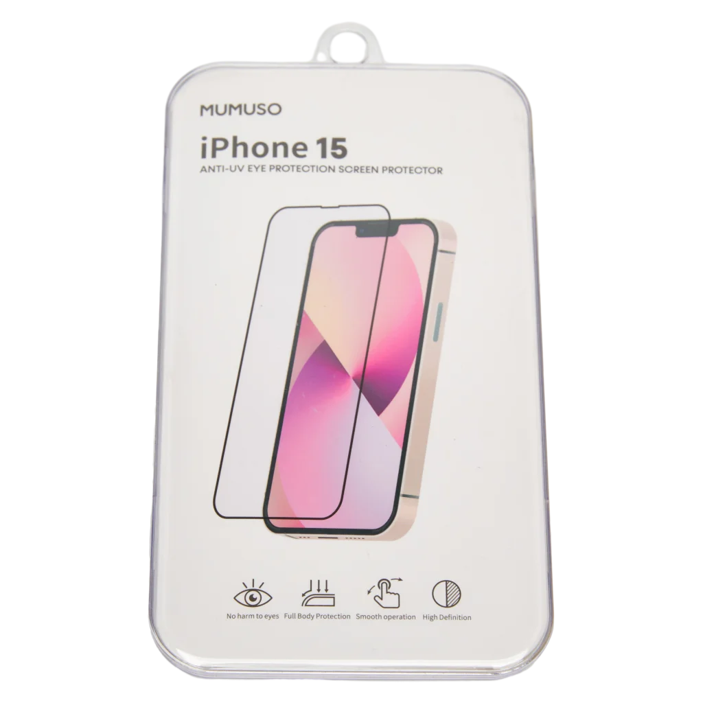 mumuso_displayschutzfolie_temperiertes_glas_uv-schutz_iphone15_transparent.webp MUMUSO Displayschutz aus temperiertem Glas mit UV-Schutz für iPhone 15, transparent – optimaler Bildschirmschutz.