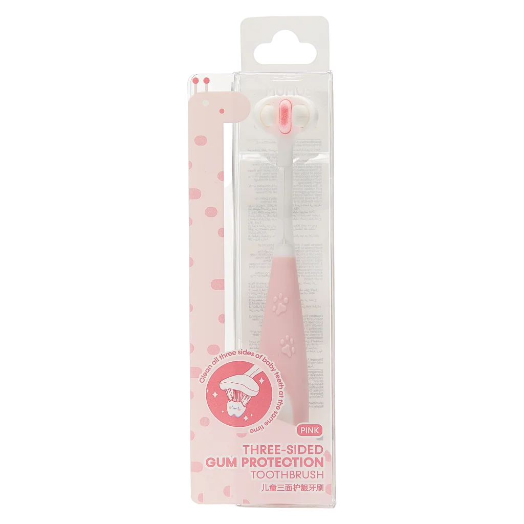 MUMUSO Kinderzahnbürste drei-seitig in Rosa – sanfte Zahnpflege für empfindliches Zahnfleisch, ideal für Kinderzahnpflege.