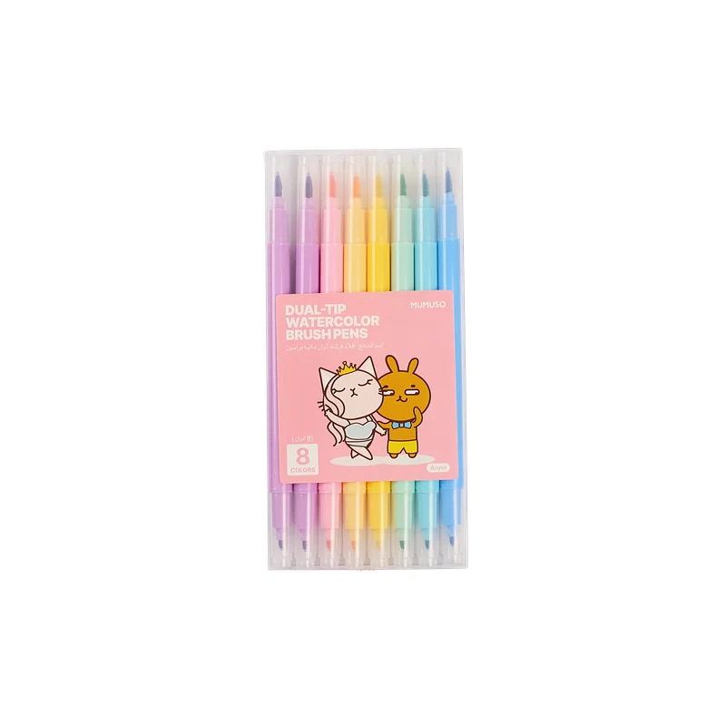 mumuso_dual-tip_brushpen_set_8-teilig_aquarellstifte_lila_cartoon.webp MUMUSO 8-teiliges Dual-Tip Brushpen Set für Handlettering und Skizzen, doppelseitige Aquarellstifte in Lila mit Cartoonprint.