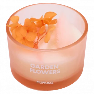 MUMUSO Duftkerze aus Pflanzenwachs, 75 g (Apricot) mit Garden-Flowers-Print und ewiger Blume im Glas – dekorative Blumenduft Kerze.