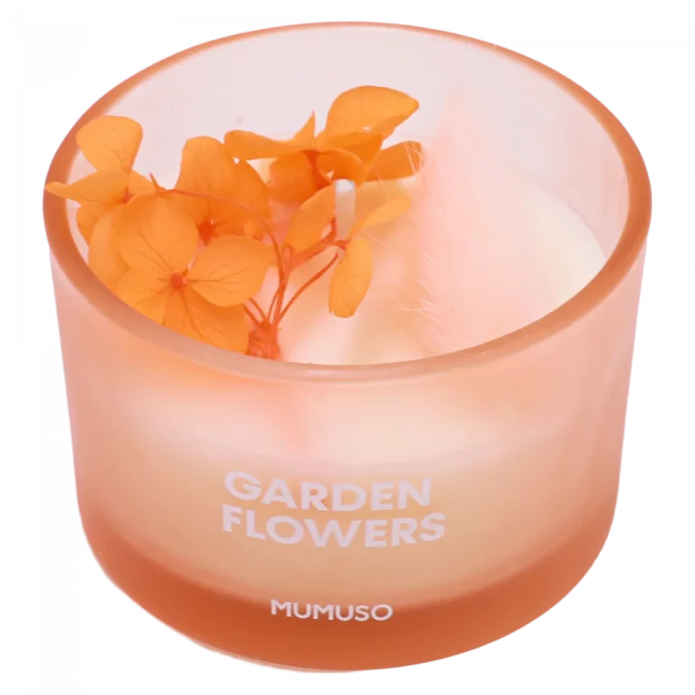 MUMUSO Duftkerze aus Pflanzenwachs, 75 g (Apricot) mit Garden-Flowers-Print und ewiger Blume im Glas – dekorative Blumenduft Kerze.
