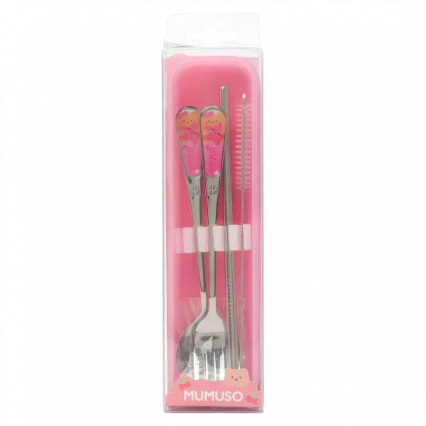 MUMUSO Edelstahl-Besteckset mit Bär und Seestern, für Kinder, pinke Aufbewahrungsbox – praktisches Kinderbesteck.
