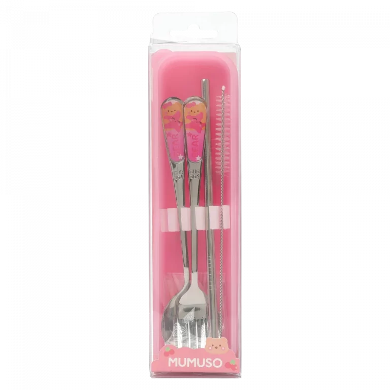 MUMUSO Edelstahl-Besteckset mit Bär und Seestern, für Kinder, pinke Aufbewahrungsbox – praktisches Kinderbesteck.