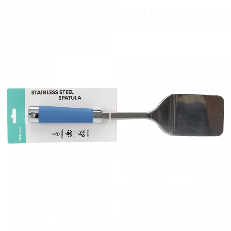 MUMUSO Edelstahl Küchenspatel mit blauem Griff – Spatel aus 430 Edelstahl ideal zum Wenden und Rühren beim Braten.